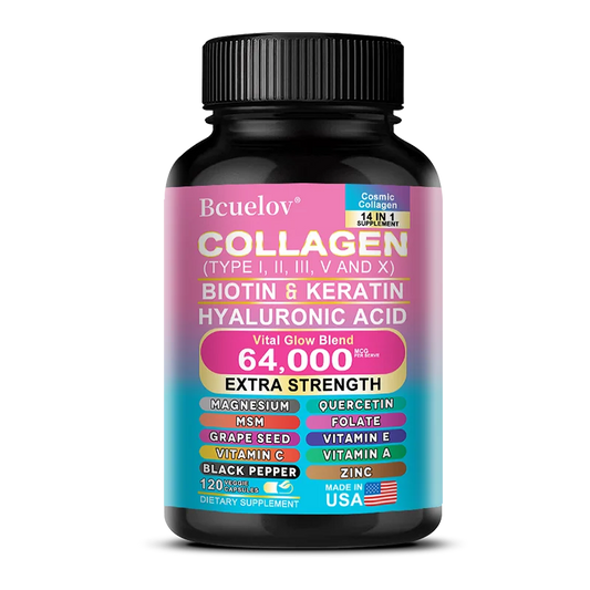 Collagen Peptides Types I, II, III, V & X, Biotin Keratin Hyaluronic Acid MSM Vitamins - Skin, Nails & Joint Health, Anti-Aging
