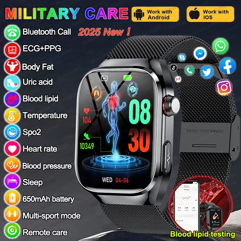 2025 AI Laser Diagnosis Health Smart Watches Men ECG+PPG Blood lipids Uric acid Heart Rate BP Sports Call Smartwatch For Xiaomi