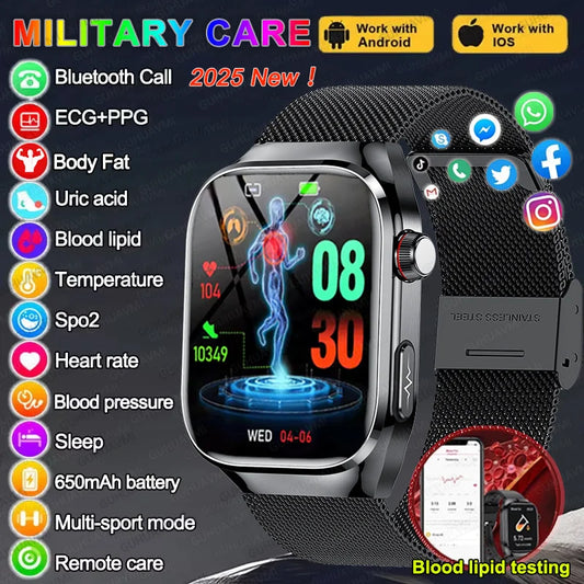 2025 AI Laser Diagnosis Health Smart Watches Men ECG+PPG Blood lipids Uric acid Heart Rate BP Sports Call Smartwatch For Xiaomi