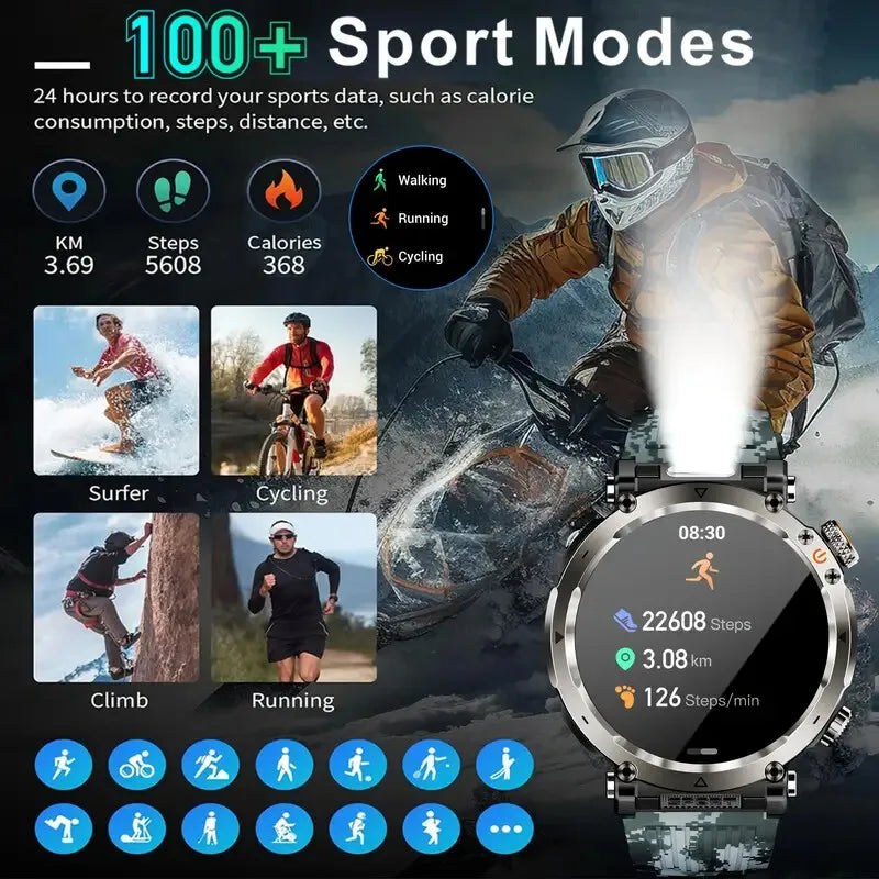 Military Outdoor Smart Watch Men 600 mAh Battery Portable Flashlight Watch 3ATM Waterproof Calling Smartwatch For Huawei Xiaomi