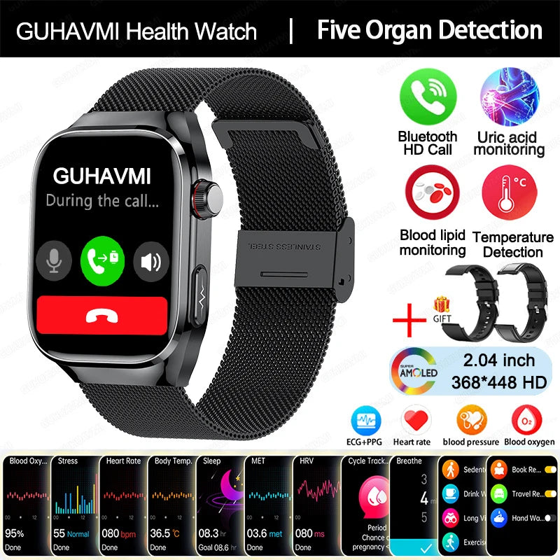2025New Precise Blood Fat Uric Acid Smart Watch Dynamic Heart Rate Blood Pressure Health Monitor Smartwatch ECG+PPG Sports Clock