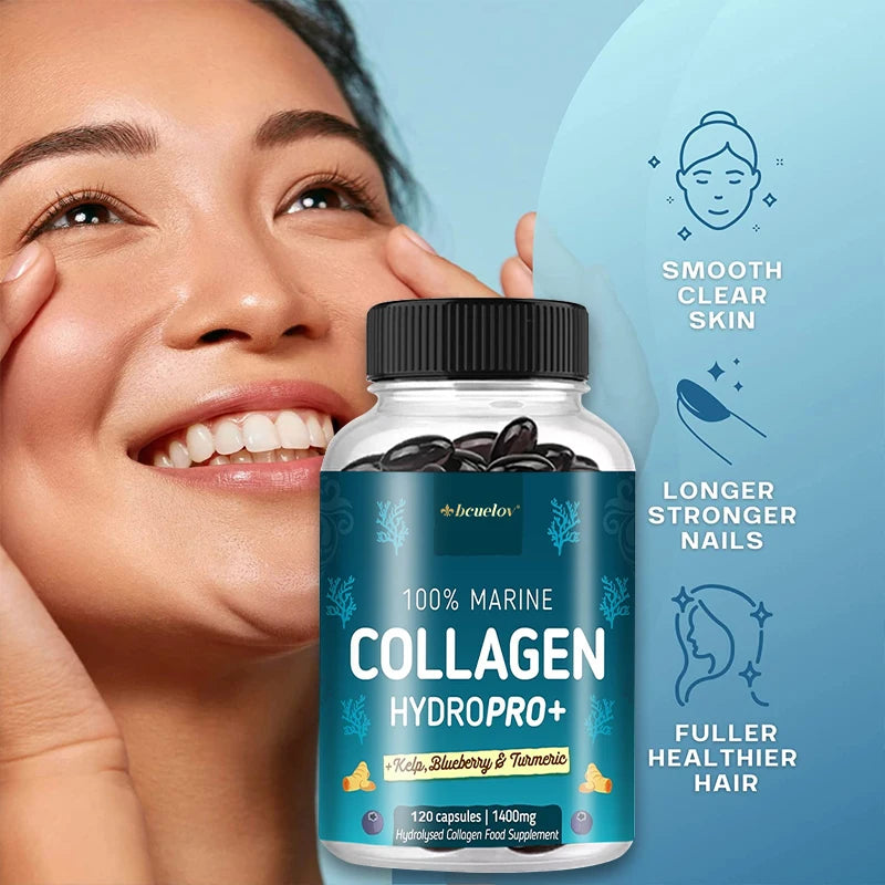 Powerful Marine Collagen - With Hyaluronic Acid, Biotin & Blueberry - 1400mg Complex-Hydrolyzed Type 1-With Vitamins & Minerals