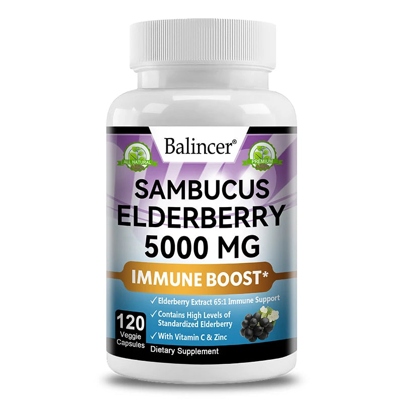Elderberry - 5000 mg Per Serving, Vitamin C & Zinc, ImmunoBooster for Immune Support, Skin Health, 120 Veggie Capsules