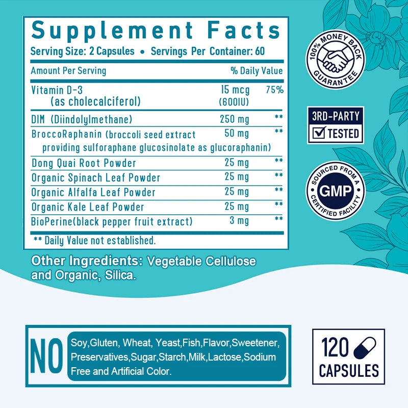 DIM Supplement Complex - 250 mg, Black Pepper, Vitamin D3, Organic Alfalfa & Broccoli Female Hormone Balance, 120 Capsules