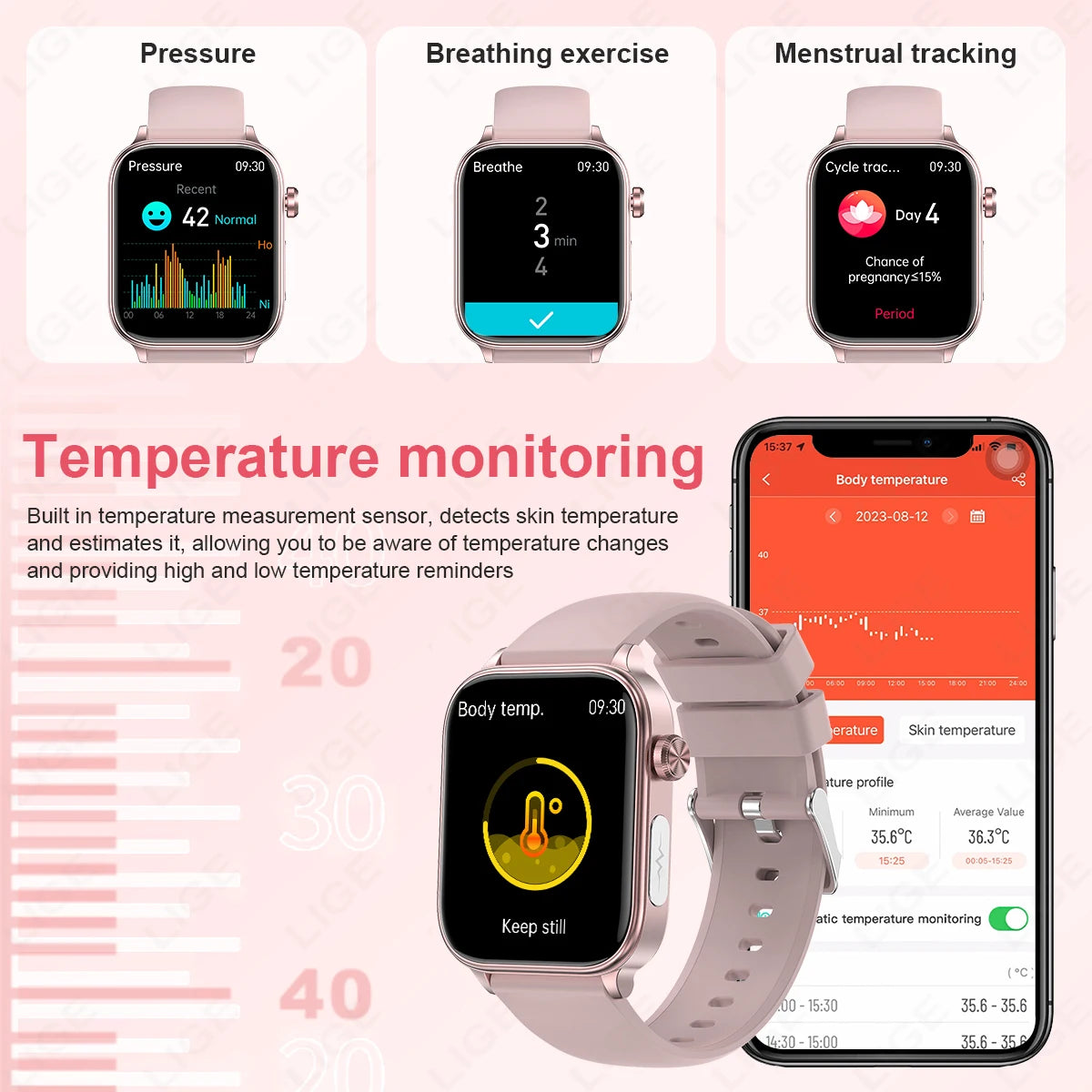 LIGE ECG+PPG Smart Watch Women Blood Lipid Uric Acid AI Diagnostic Detector Body Temperature Female Menstrual Health Tracker New