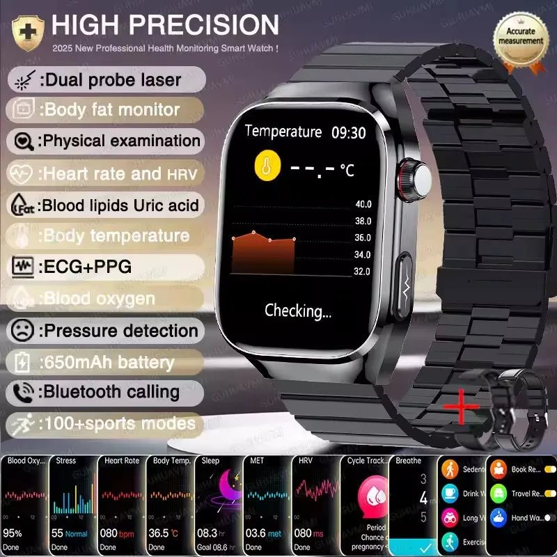 2025 New Men Uric Acid Blood Lipids Five Tests Blood Pressure ECG Blood Oxygen Heart Rate Micro Physical Examination Smart Watch