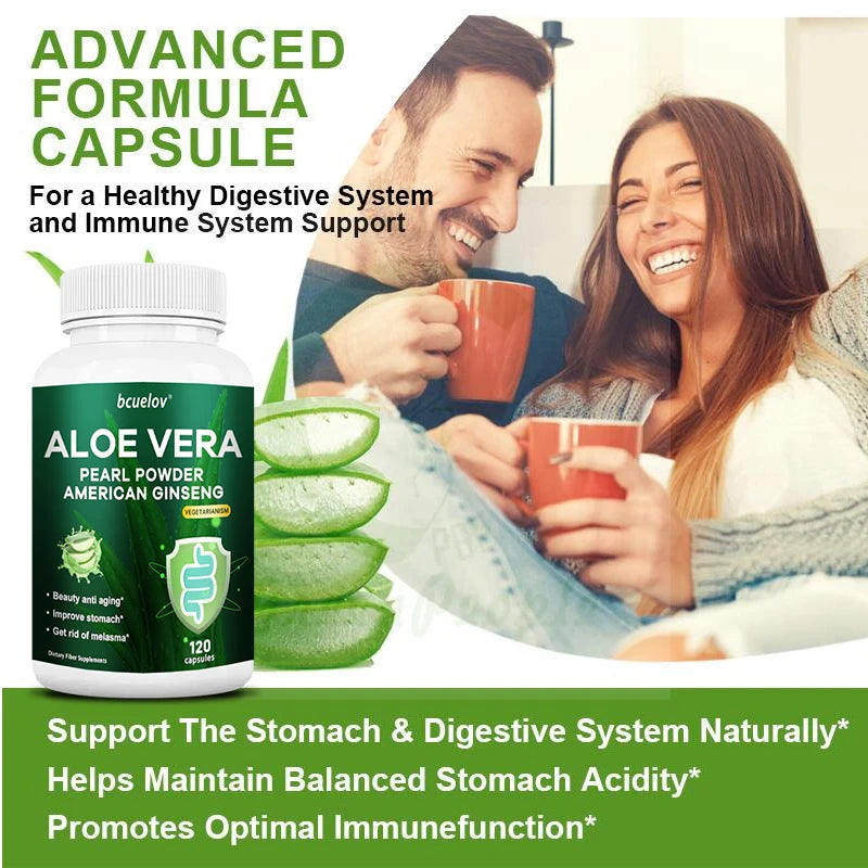Aloe Vera Extract with Pearl Powder and American Ginseng, Supports Powerful Fat Burning, Intestinal Digestion, 120 Capsules