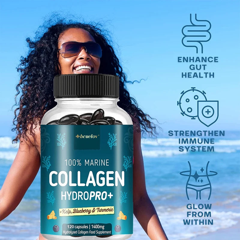 Powerful Marine Collagen - With Hyaluronic Acid, Biotin & Blueberry - 1400mg Complex-Hydrolyzed Type 1-With Vitamins & Minerals