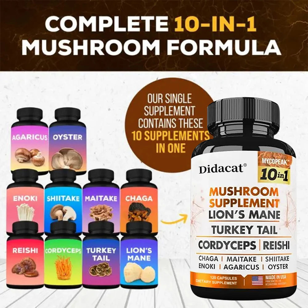 Mushroom Supplement 10x Complex - Lion's Mane, Turkey Tail, Cordyceps, Reishi - Memory & Focus, Brain Support Supplement
