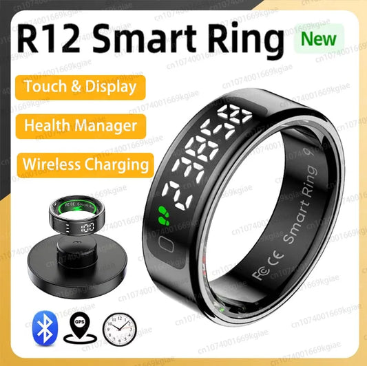 New R12 Smart Ring with Display Screen Touch Health Manager Wireless Charge Multi Sports Modes 5 ATM Waterproof For Men Women