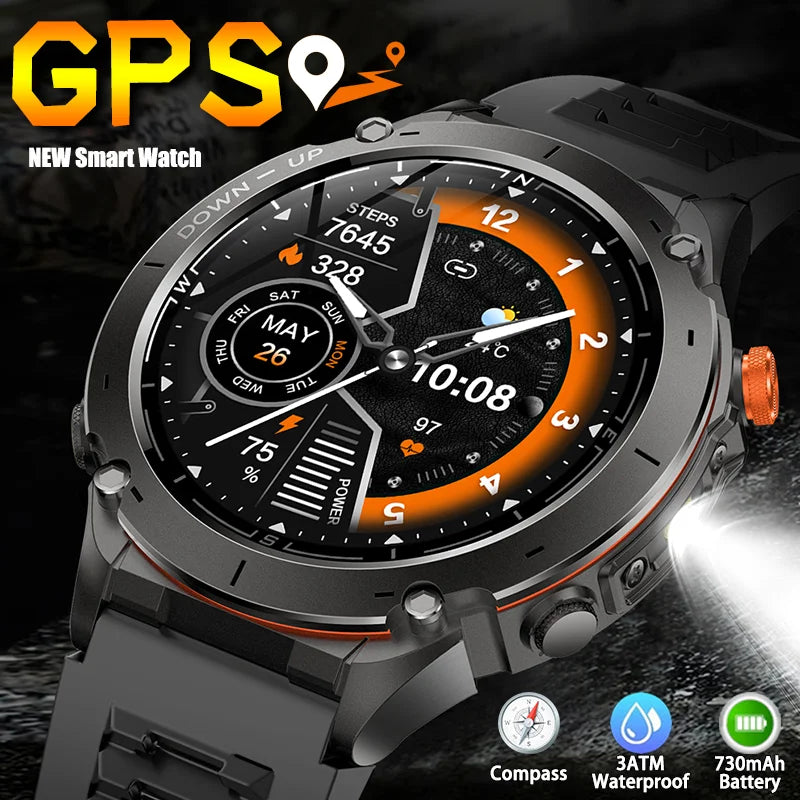 Men Outdoor Military GPS Track AMOLED HD Flashlight 730mAh Battery Compass Barometer 3ATM Waterproof Bluetooth Call Smart Watch