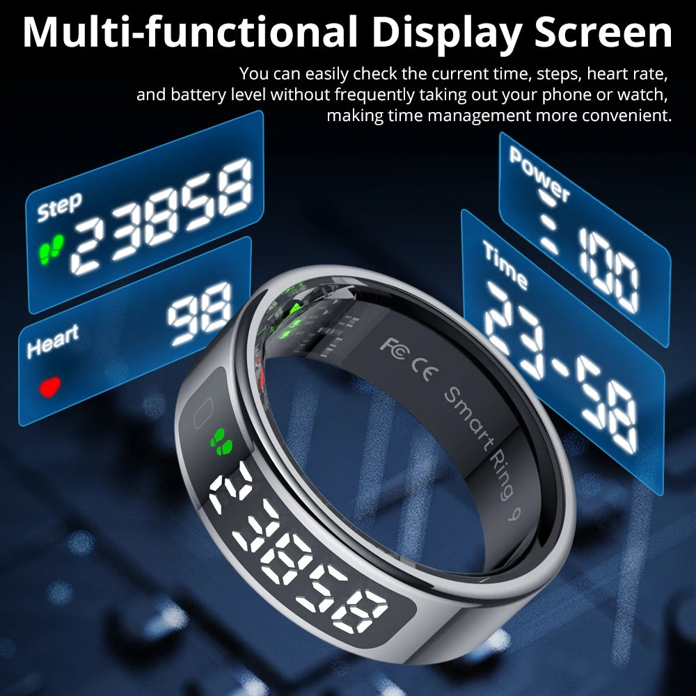 R12 Smart Ring With Display Screen Touch Heart Rate Health Monitoring Manager Wireless Charging 5 ATM Waterproof For Men Women