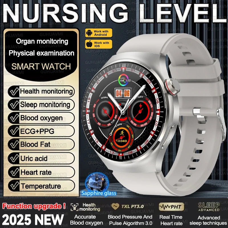 2025 New Nursing Grade Smart Watch Accurate Blood pressure Heart Rate Uric Acid ECG+PPG Bluetooth Calling Health Smart watch Men
