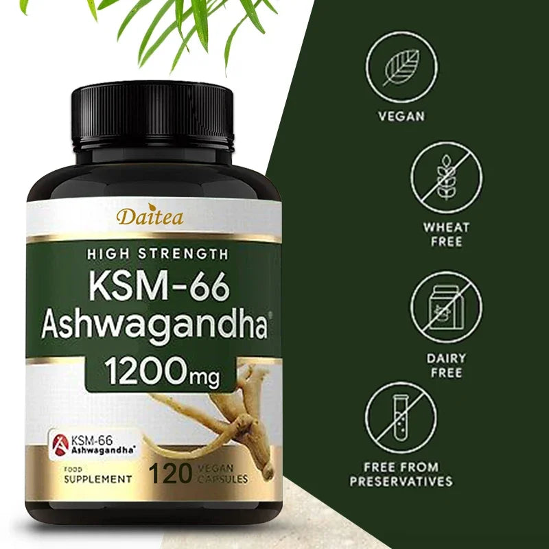 KSM-66 Ashwagandha Extract Capsules 1200mg, Helps with Stress Relief, Mood, Sleep Support, Balanced Energy Levels