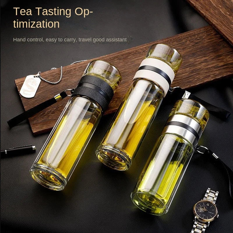 NEW Glass Bottle Double Wall Transparent Borosilicate Glass Teacup with Handle Portable Independent Tea Warehouse Drinkware