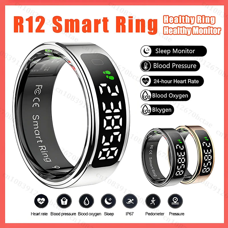 R12 Smart Ring With Display Screen Touch Heart Rate Health Monitoring Manager Wireless Charging 5 ATM Waterproof For Men Women