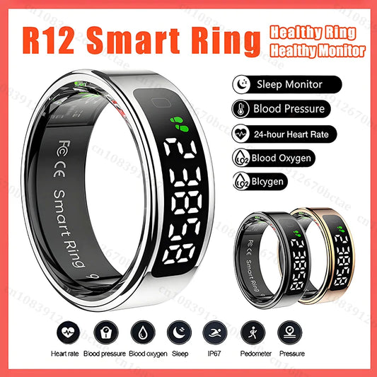 R12 Smart Ring With Display Screen Touch Heart Rate Health Monitoring Manager Wireless Charging 5 ATM Waterproof For Men Women