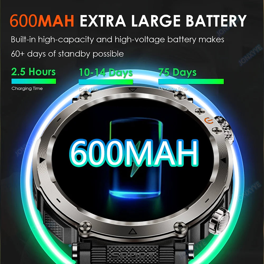 Military Outdoor Smart Watch Men 600 mAh Battery Portable Flashlight Watch 3ATM Waterproof Calling Smartwatch For Huawei Xiaomi