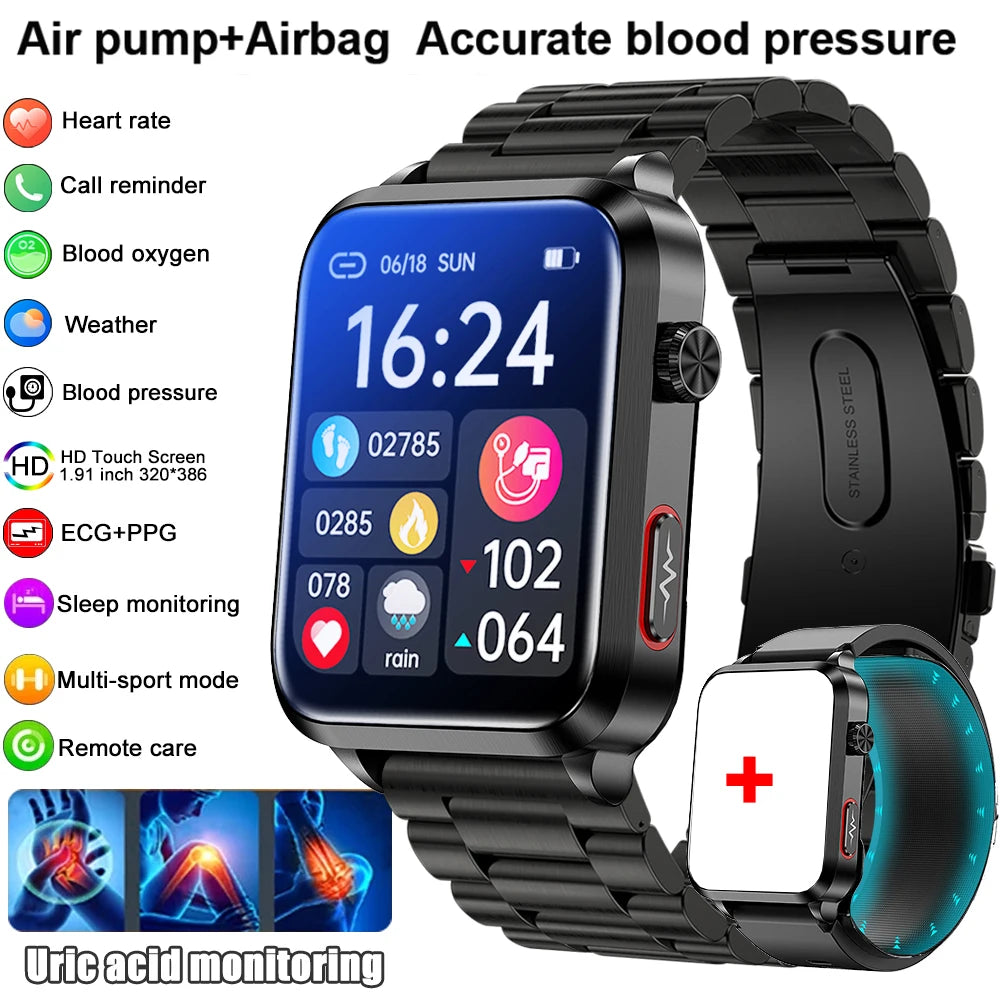 2025 New Air Pump ECG Smart Watch men Airbag health watch for huawei True Accurately Blood Pressure Uric Acid Blood Lipids watch