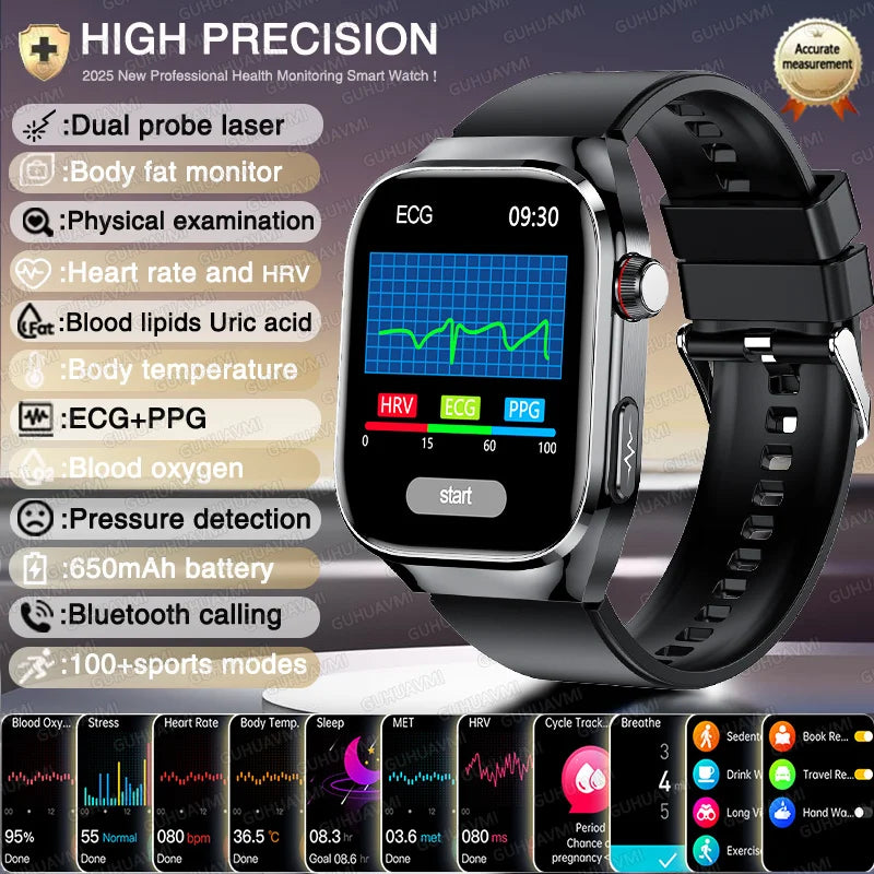 2025 AI Laser Diagnosis Health Smart Watches Men ECG+PPG Blood lipids Uric acid Heart Rate BP Sports Call Smartwatch For Xiaomi