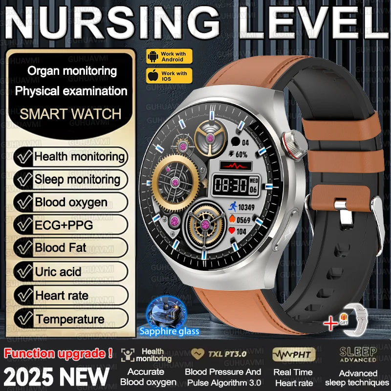 2025 New Nursing Grade Smart Watch Accurate Blood pressure Heart Rate Uric Acid ECG+PPG Bluetooth Calling Health Smart watch Men