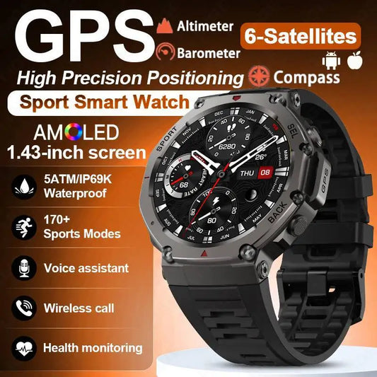 2025 GPS Smart Watch Men 5ATM IP69K Waterproof Built-in Dual-band GNSS Compass Altimeter Barometric Military Sport Smartwatch