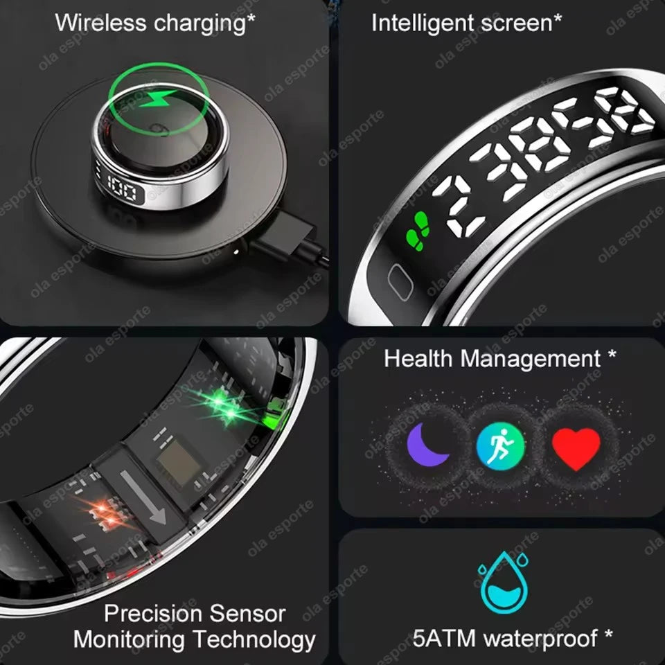 LED Display Screen Smart Ring For Xiaomi Heart Rate Blood Oxygen Monitor Smartring Men Women Waterproof Multi Sports Modes Ring