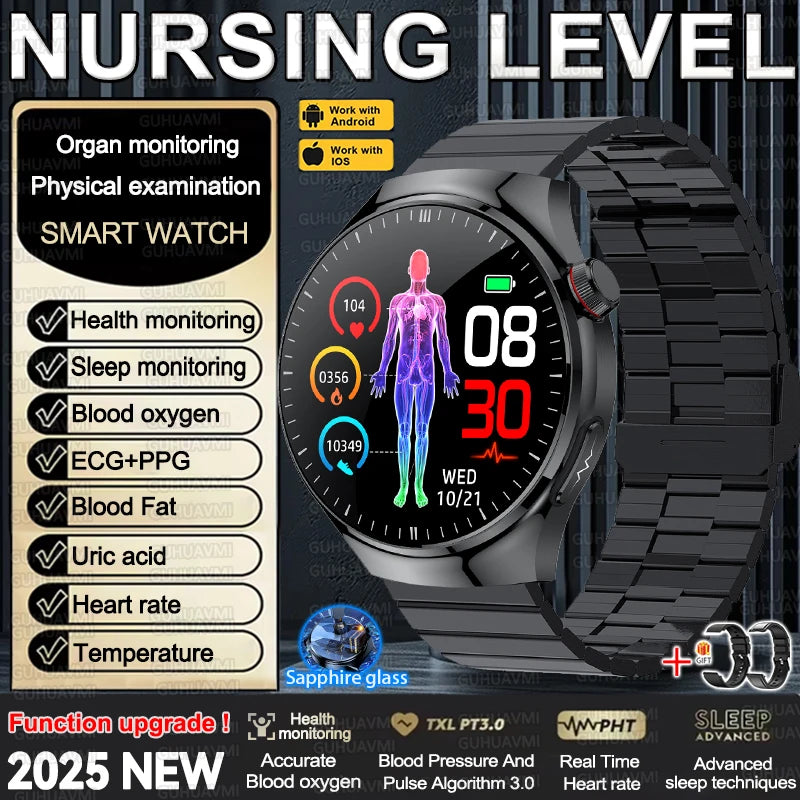 2025 New Nursing Grade Smart Watch Accurate Blood pressure Heart Rate Uric Acid ECG+PPG Bluetooth Calling Health Smart watch Men