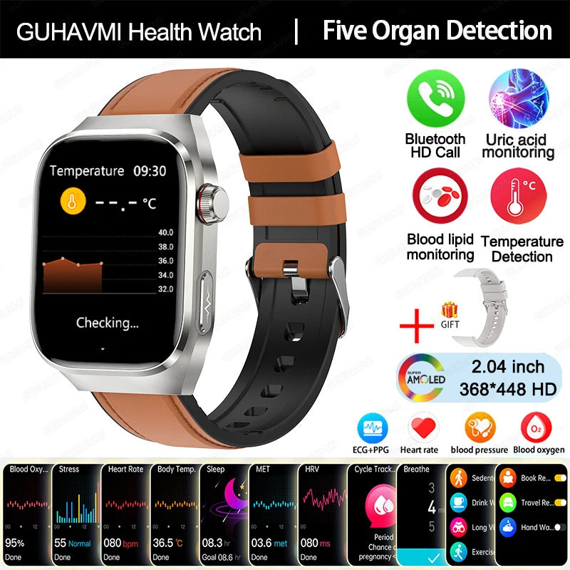 2025New Precise Blood Fat Uric Acid Smart Watch Dynamic Heart Rate Blood Pressure Health Monitor Smartwatch ECG+PPG Sports Clock