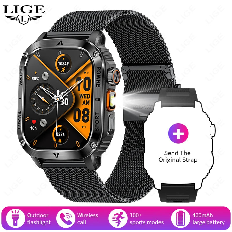 LIGE 2025 New Outdoor Flashlight Smart Watch Men 2.01” HD Screen 400mAh Bluetooth Call IP68 Waterproof Health Monitor Smartwatch