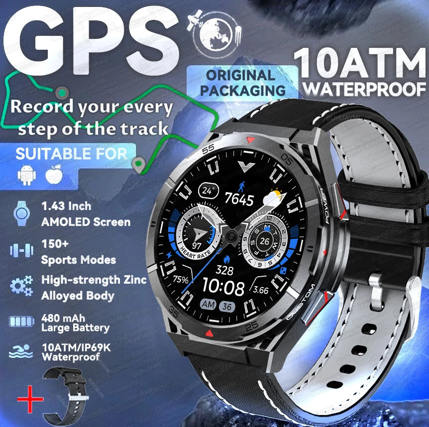 For HUAWEI GPS Sport Smart Watch Men 1.43 inch HD AMOLED Screen Compass Bluetooth Call Heart Rate Waterproof smart watch 2025New