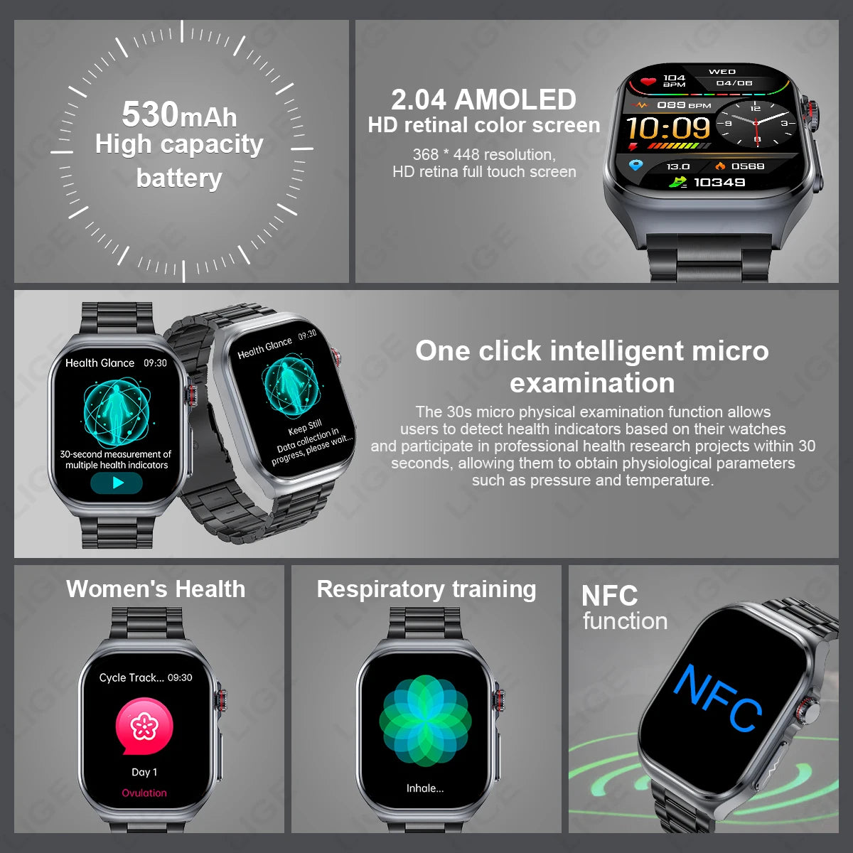 LIGE AMOLED Smart Watch ET585 Men ECG Blood Compositoin Health Monitoring Bluetooth Call Women Sports Fitness Tracker Smartwatch
