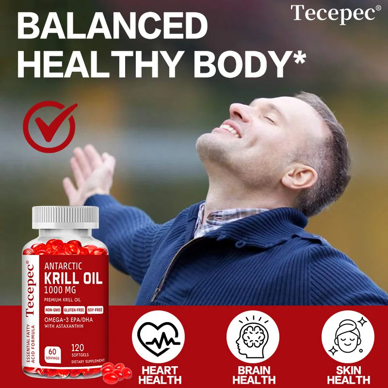 Antarctic Krill Oil 1000 Mg with Omega-3 EPA, DHA, Astaxanthin and Phospholipids for Heart, Brain and Skin Health Support
