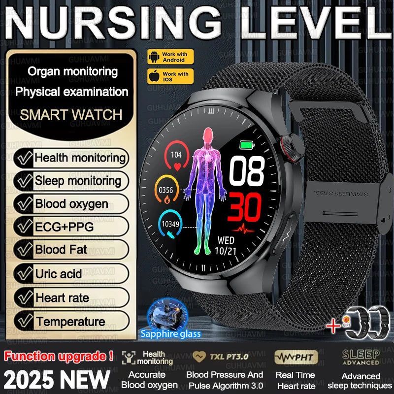 2025 New Nursing Grade Smart Watch Accurate Blood pressure Heart Rate Uric Acid ECG+PPG Bluetooth Calling Health Smart watch Men