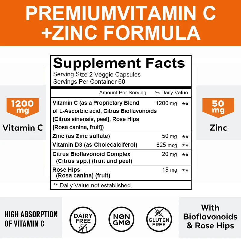 Taoters Vitamin C + Zinc Supplement - High Absorption - Immune System, Skin Health Vitamins - Antioxidant Supplement