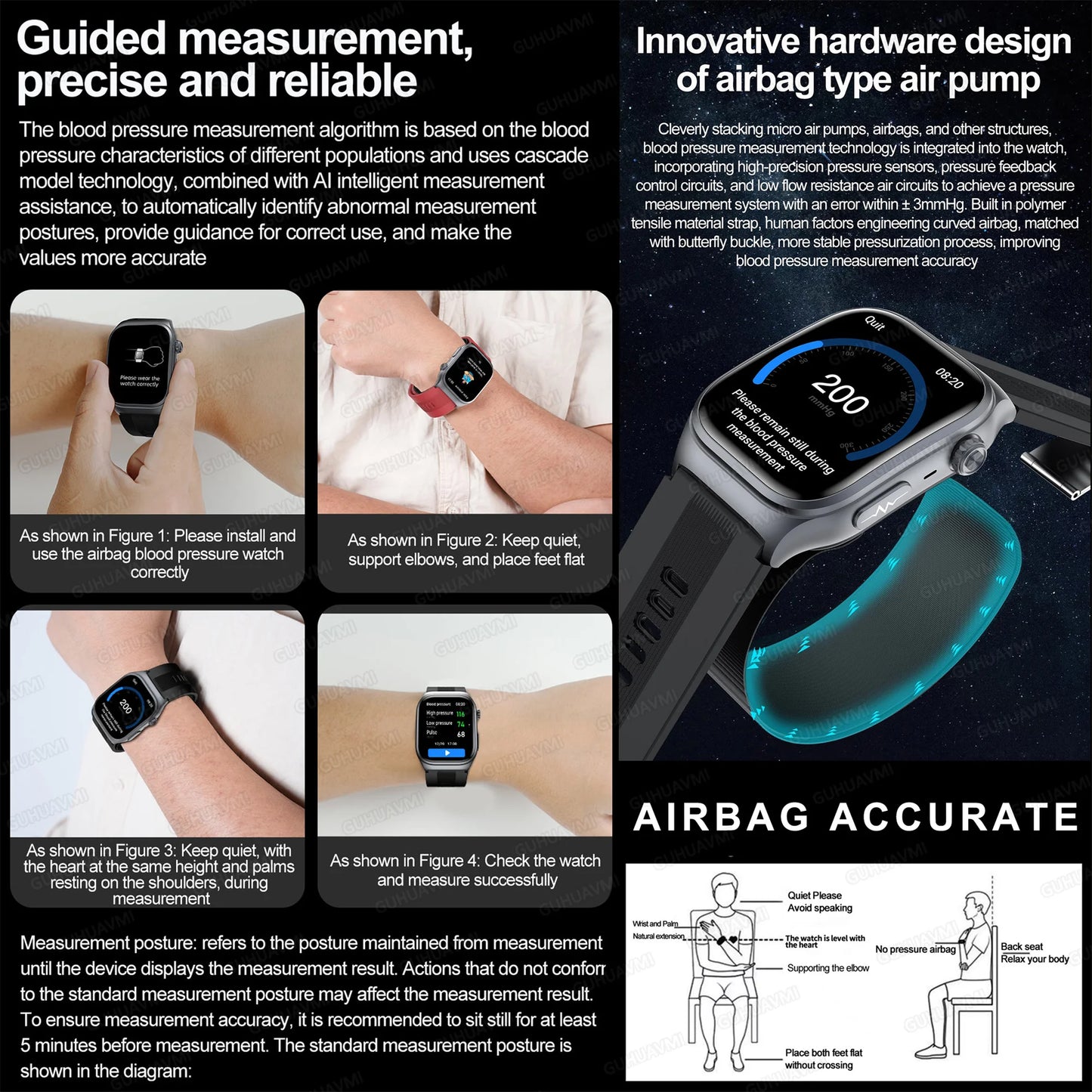 2025 New Air Pump Airbag Accurate Measure ECG+PPG Blood oxygen Smart Watch Men Blood Pressure Fitness Sport Smart Watch Women