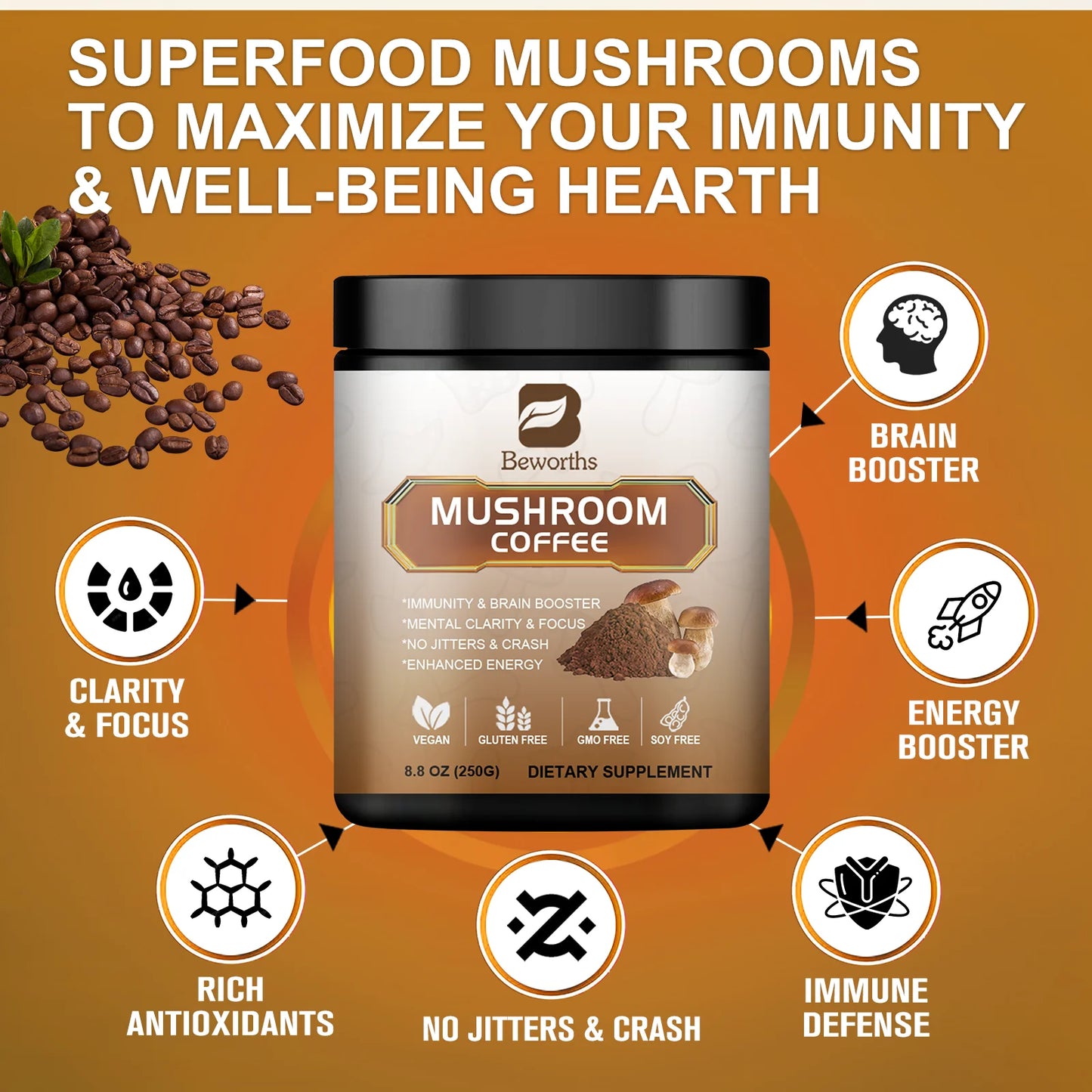 Mushroom Coffee 10 Mushroom Extract - Lion's Mane, Cordyceps, Reishi, Turkey Tail, Chaga, Maitake for energy and immune support