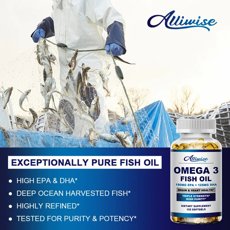 Alliwise Omega 3 Fish Oil Capsules Helps Brain & Cardiovascular System, Relief Eye Fatigue, Improve Cognitive & Learning Ability