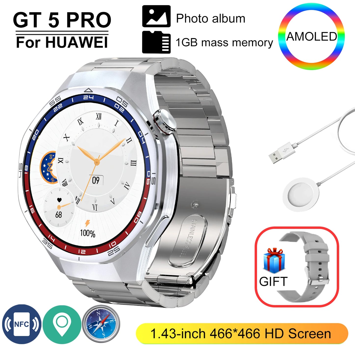 GT 5 Pro 2025 New SmartWatch Men 466*466 HD Screen 24h Blood Pressure Monitoring Men's Women NFC GPS Outdoor Sports Smartwatch