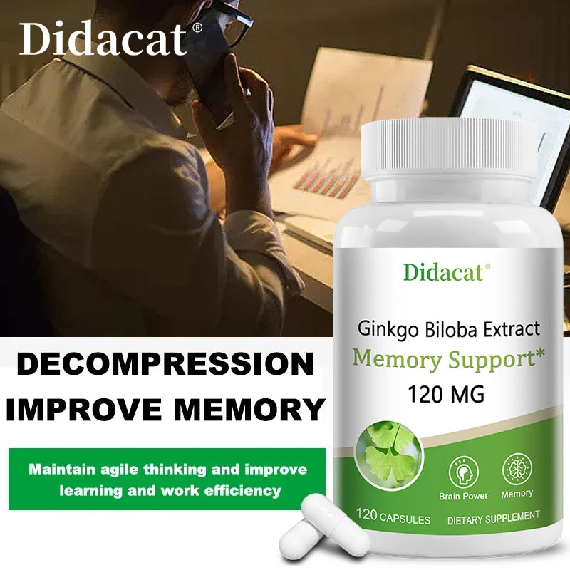 Ginkgo Extract Supplement 120 Capsules Supports Brain Function Memory Concentration Cardiovascular Health Antioxidant
