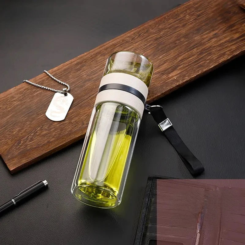 NEW Glass Bottle Double Wall Transparent Borosilicate Glass Teacup with Handle Portable Independent Tea Warehouse Drinkware