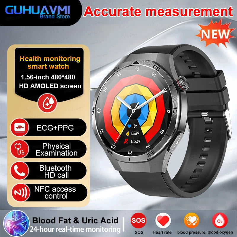 Professional Level NFC SmartWatch Blood Pressure Blood Lipid Uric Acid ECG+PPG Body Temperature Bluetooth Call Health Smartwatch