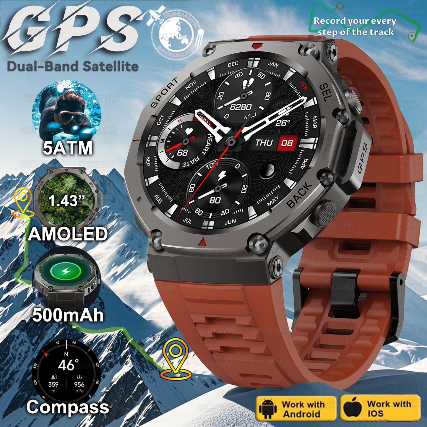 T-Rex 3 Built-in Dual-band GPS Smart Watch Men Smartwatch Compass Altimeter Barometric 5ATM IP69K Waterproof AMOLED HD Watches