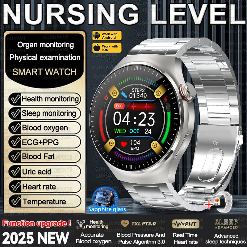 2025 New Nursing Grade Smart Watch Accurate Blood pressure Heart Rate Uric Acid ECG+PPG Bluetooth Calling Health Smart watch Men