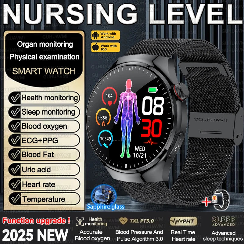 2025 New Nursing Grade Smart Watch Accurate Blood pressure Heart Rate Uric Acid ECG+PPG Bluetooth Calling Health Smart watch Men
