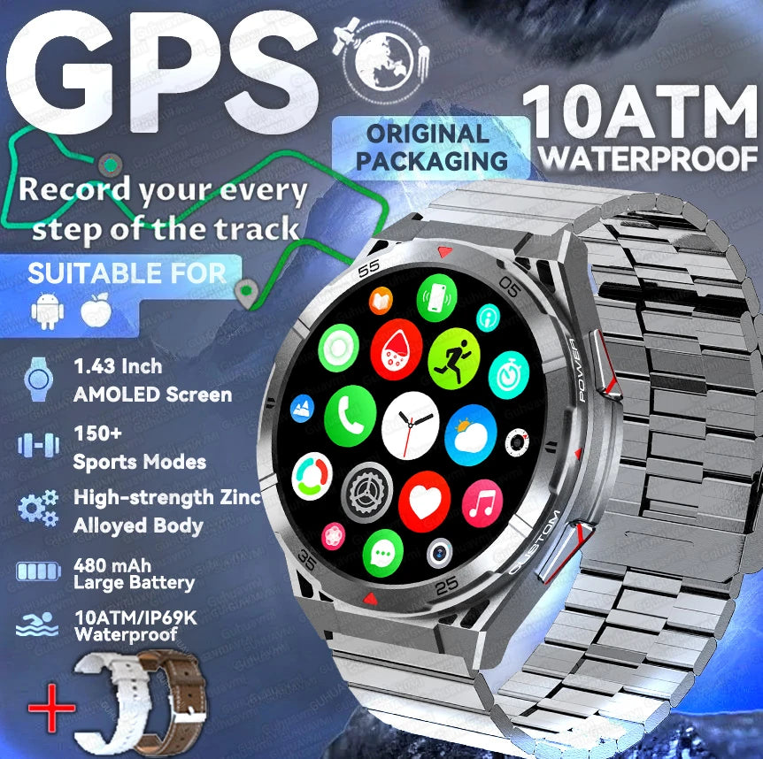 2025 New Dual-Band satellite GPS Smart Watch Men 1.43'' AMOLED Screen Compass Heart Rate BT Call IP69 Waterproof Swimming Watch