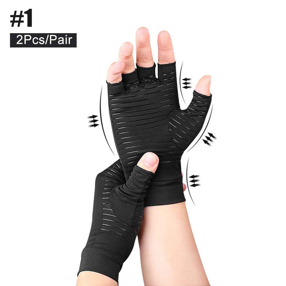1Pair Copper Arthritis Compression Gloves Women Men Relieve Hand Pain Swelling and Carpal Tunnel Fingerless for Typing