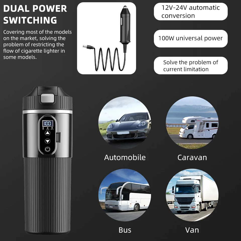 Portable 12V 24V Car Electric Heated Cup 500ml Smart Temperature Control Stainless Steel Touch Screen Insulated Thermos Cup For