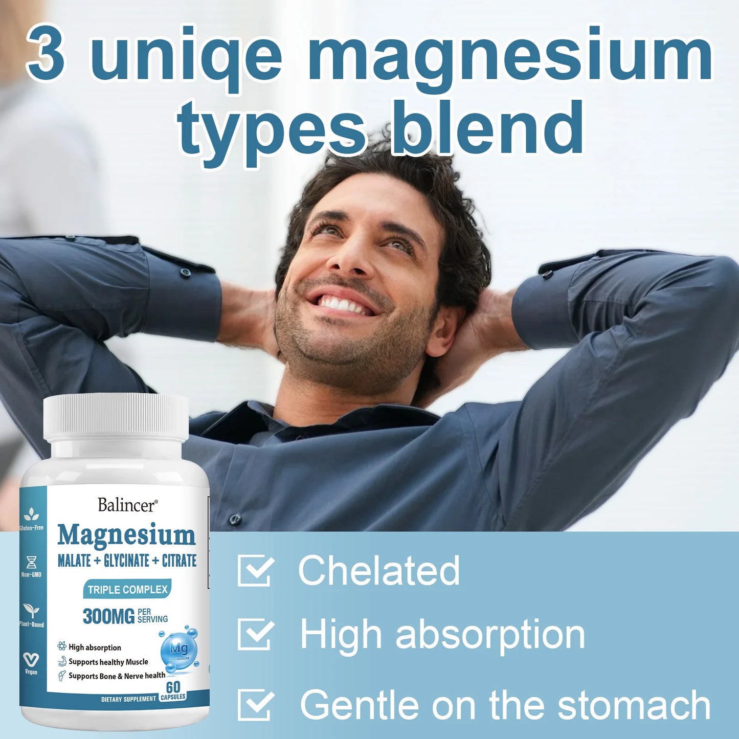 Triple Magnesium Complex 300 Mg, Support Muscle, Nerves, Energy and Heart Health, Non-GMO 60 Capsules