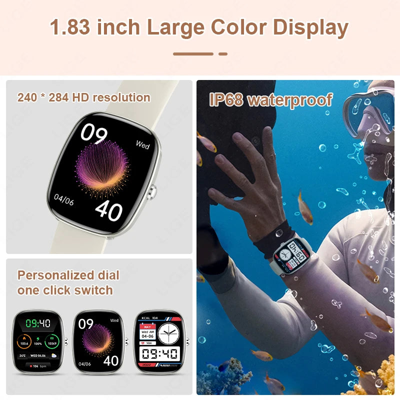 LIGE 1.83 inch HD Screen Smart Watch Men Waterproof Bluetooth Call Health Monitoring Sport Fitness Wine Barrels Shape Smartwatch